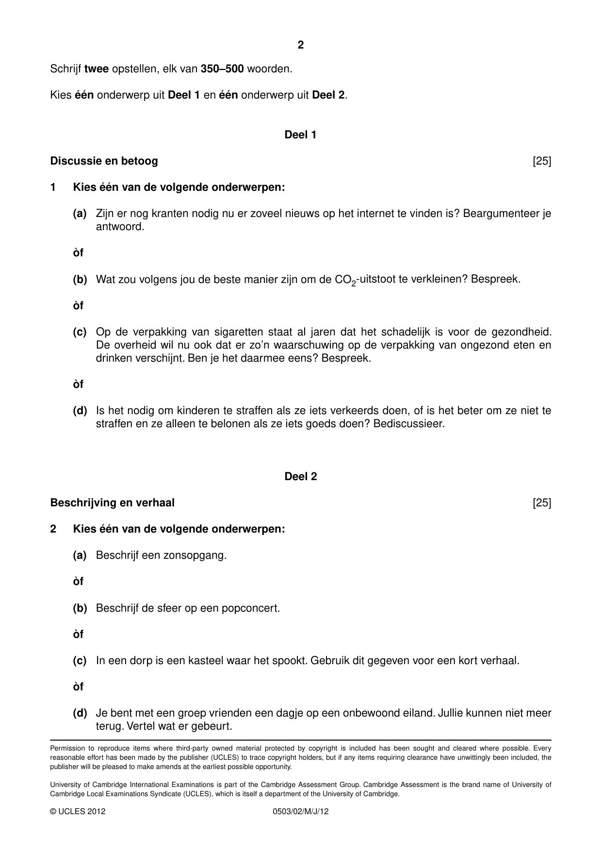 Cambridge IGCSE Dutch - First Language 0503 2012 May/June Paper 2 · Variant 1 question paper, page 2 of 2