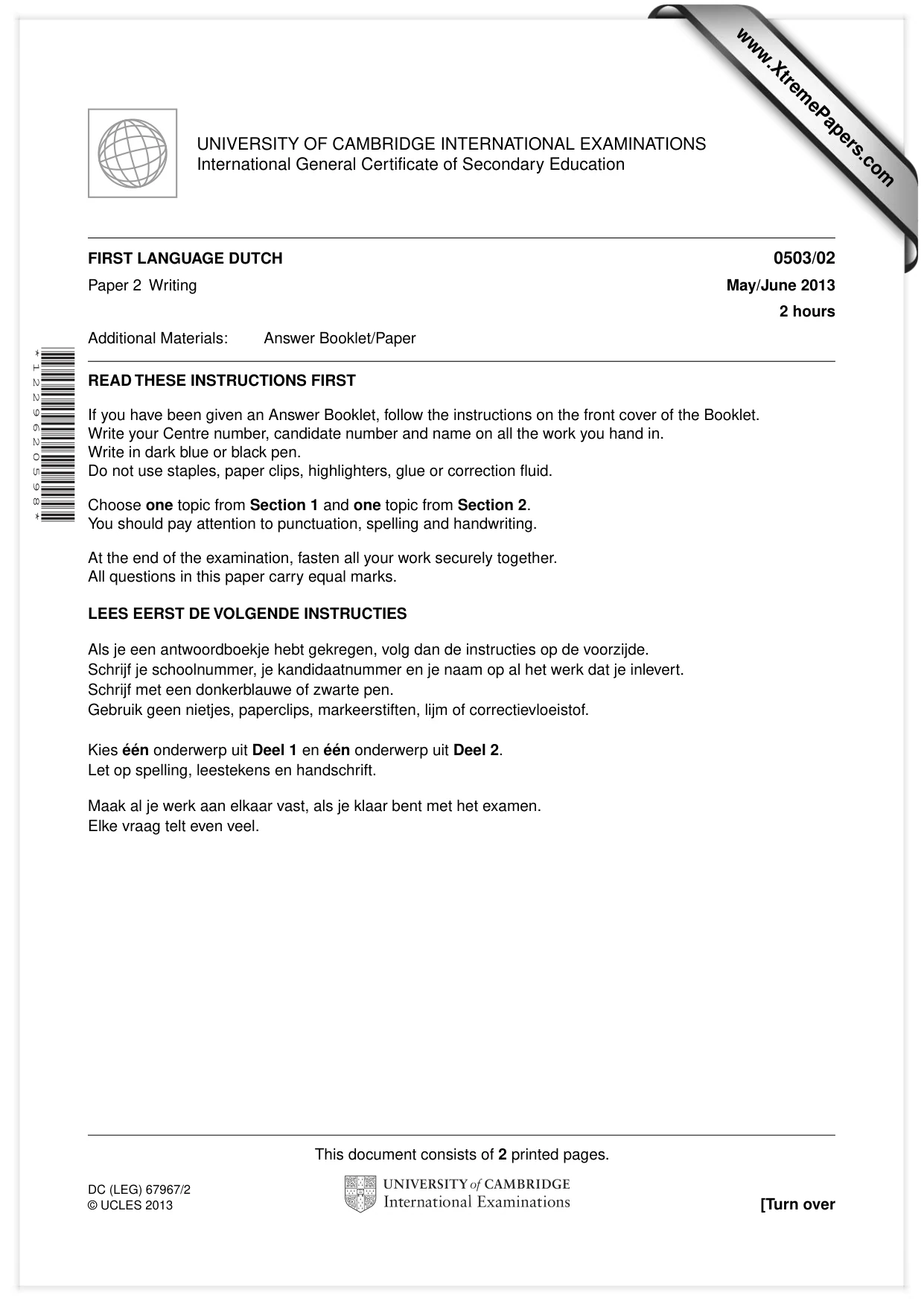 Cambridge IGCSE Dutch - First Language 0503 2013 May/June Paper 2 · Variant 1 question paper, page 1 of 2