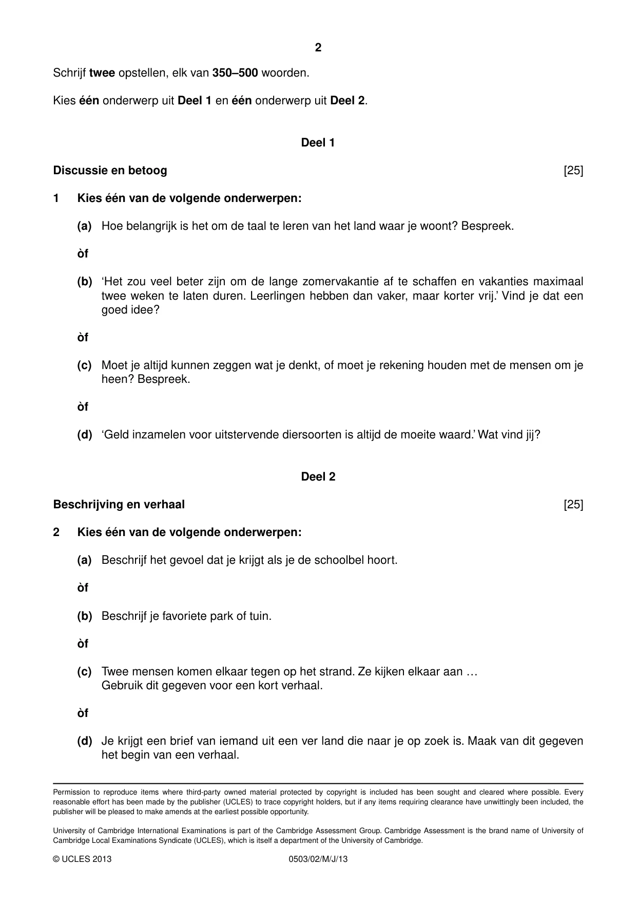 Cambridge IGCSE Dutch - First Language 0503 2013 May/June Paper 2 · Variant 1 question paper, page 2 of 2