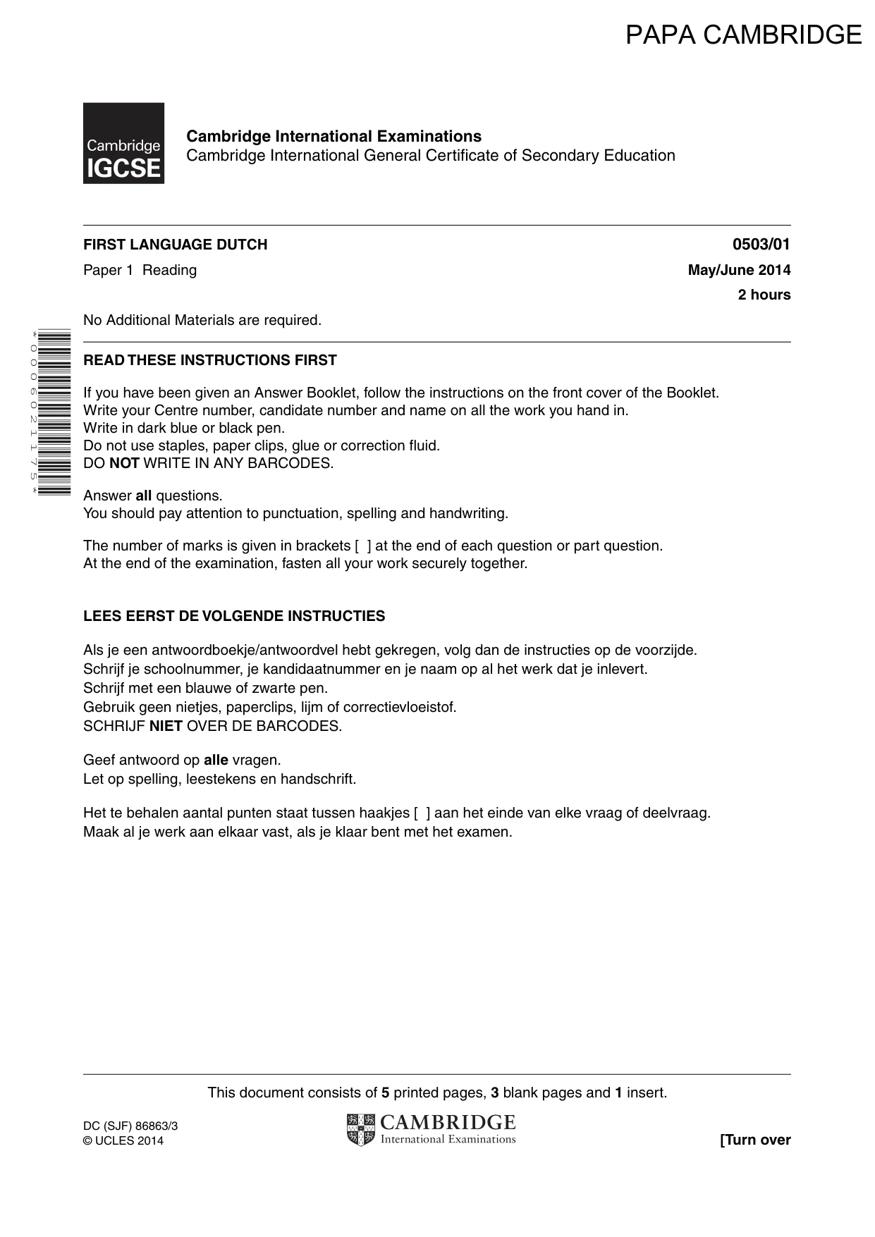 Cambridge IGCSE Dutch - First Language 0503 2014 May/June Paper 1 · Variant 1 question paper, page 1 of 8