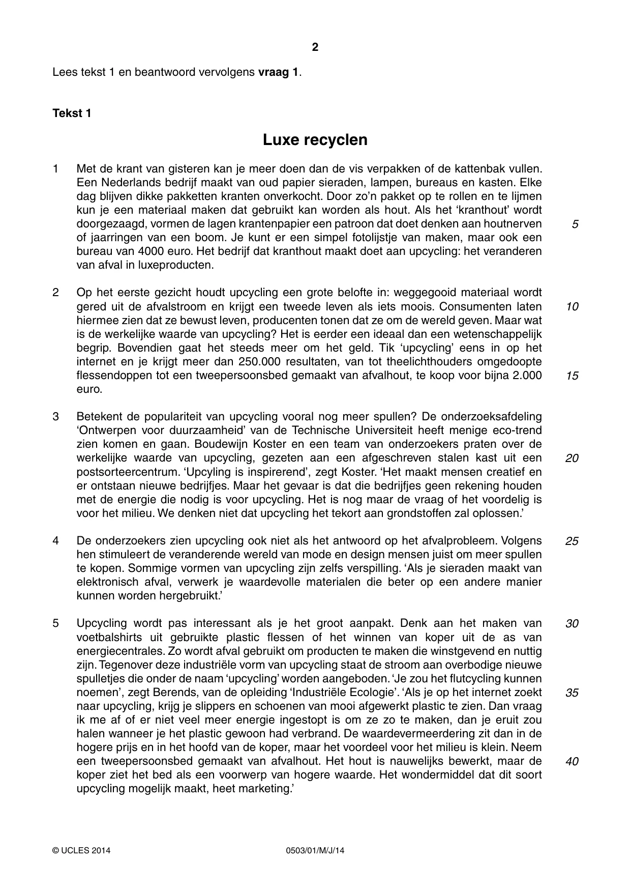 Cambridge IGCSE Dutch - First Language 0503 2014 May/June Paper 1 · Variant 1 question paper, page 2 of 8