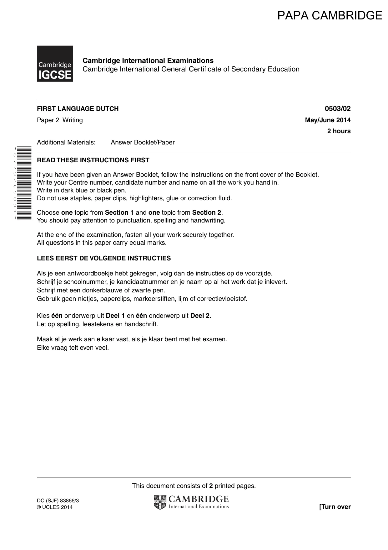 Cambridge IGCSE Dutch - First Language 0503 2014 May/June Paper 2 · Variant 1 question paper, page 1 of 2