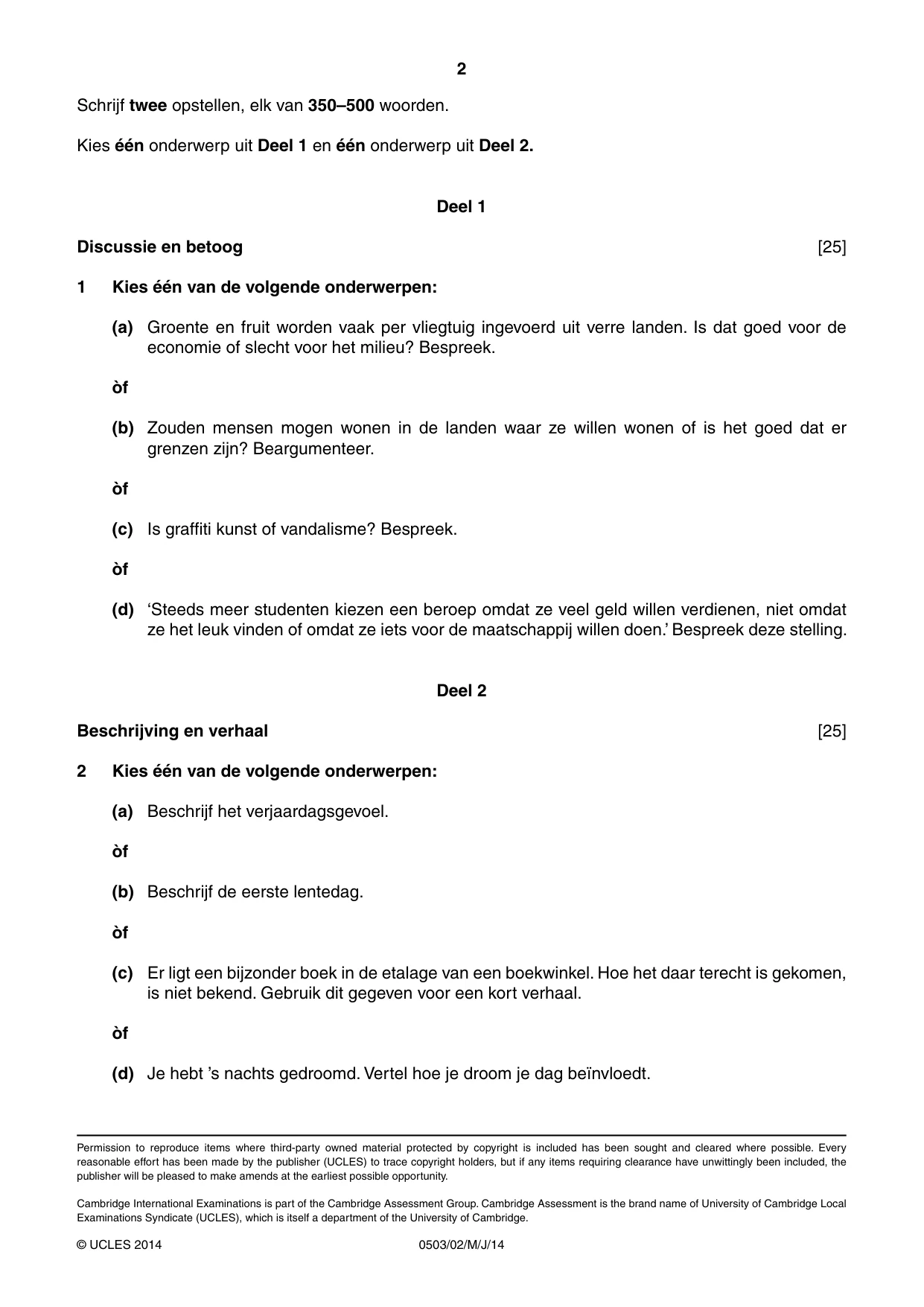Cambridge IGCSE Dutch - First Language 0503 2014 May/June Paper 2 · Variant 1 question paper, page 2 of 2