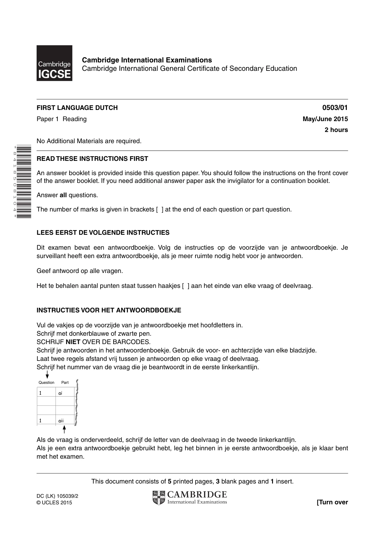 Cambridge IGCSE Dutch - First Language 0503 2015 May/June Paper 1 · Variant 1 question paper, page 1 of 8