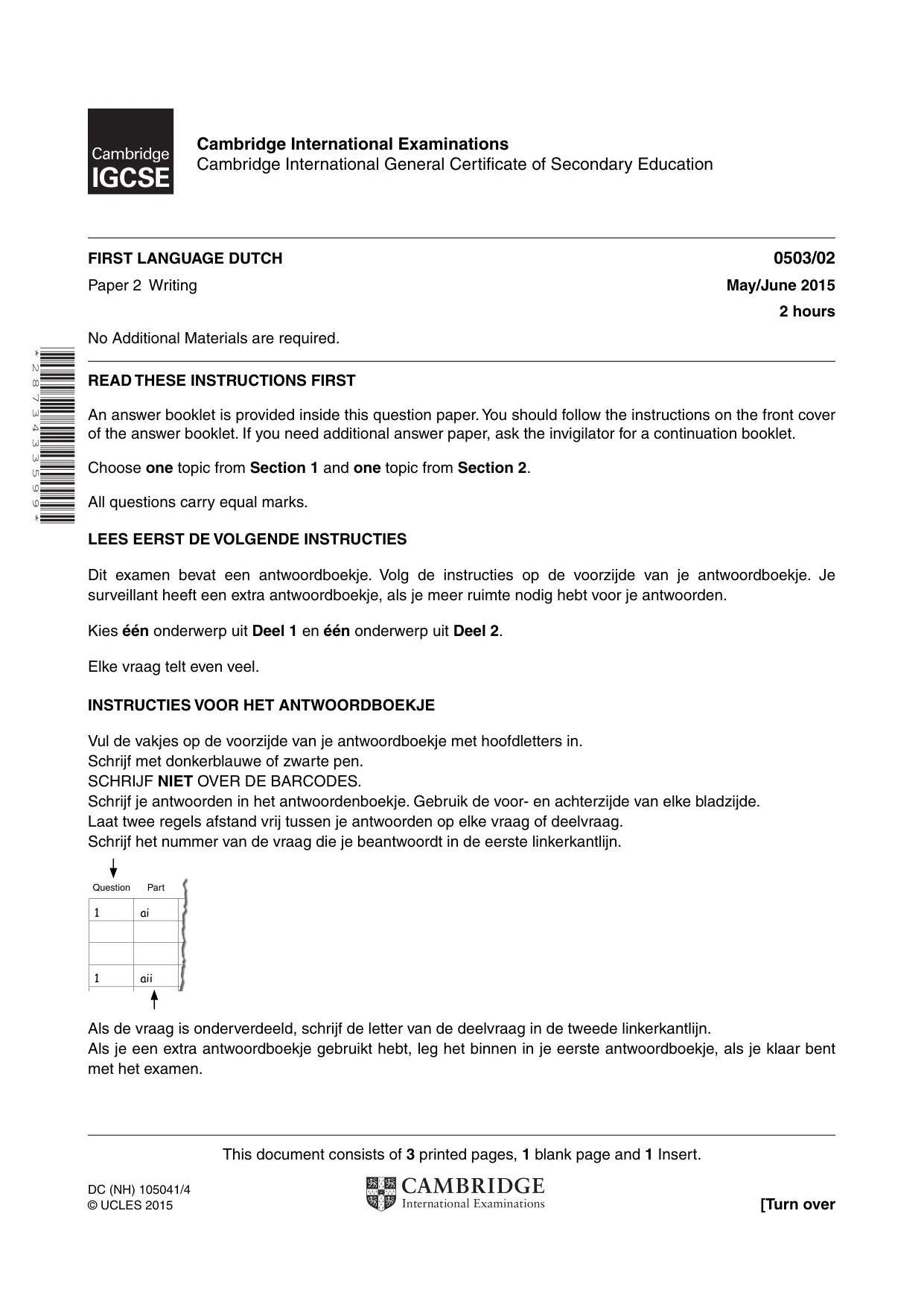 Cambridge IGCSE Dutch - First Language 0503 2015 May/June Paper 2 · Variant 1 question paper, page 1 of 4