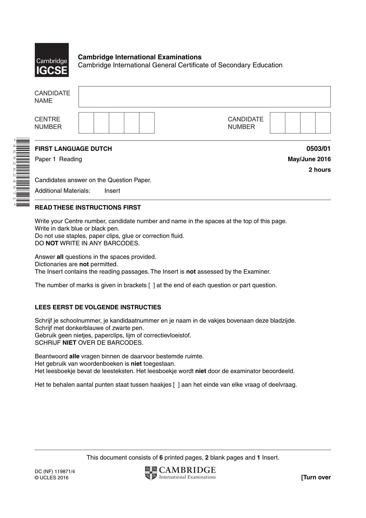 Cambridge IGCSE Dutch - First Language 0503 2016 May/June Paper 1 · Variant 0 question paper, page 1 of 8