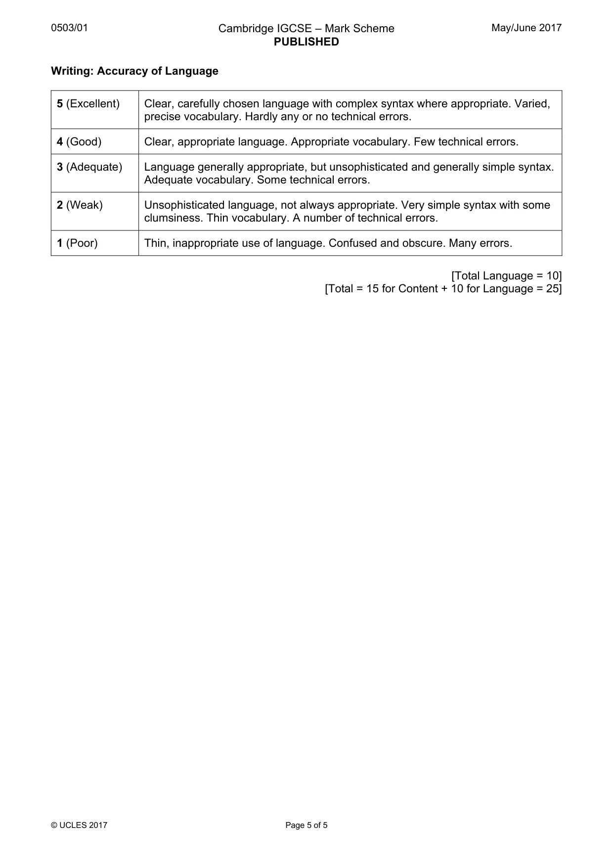 Mark scheme, page 5 of 5