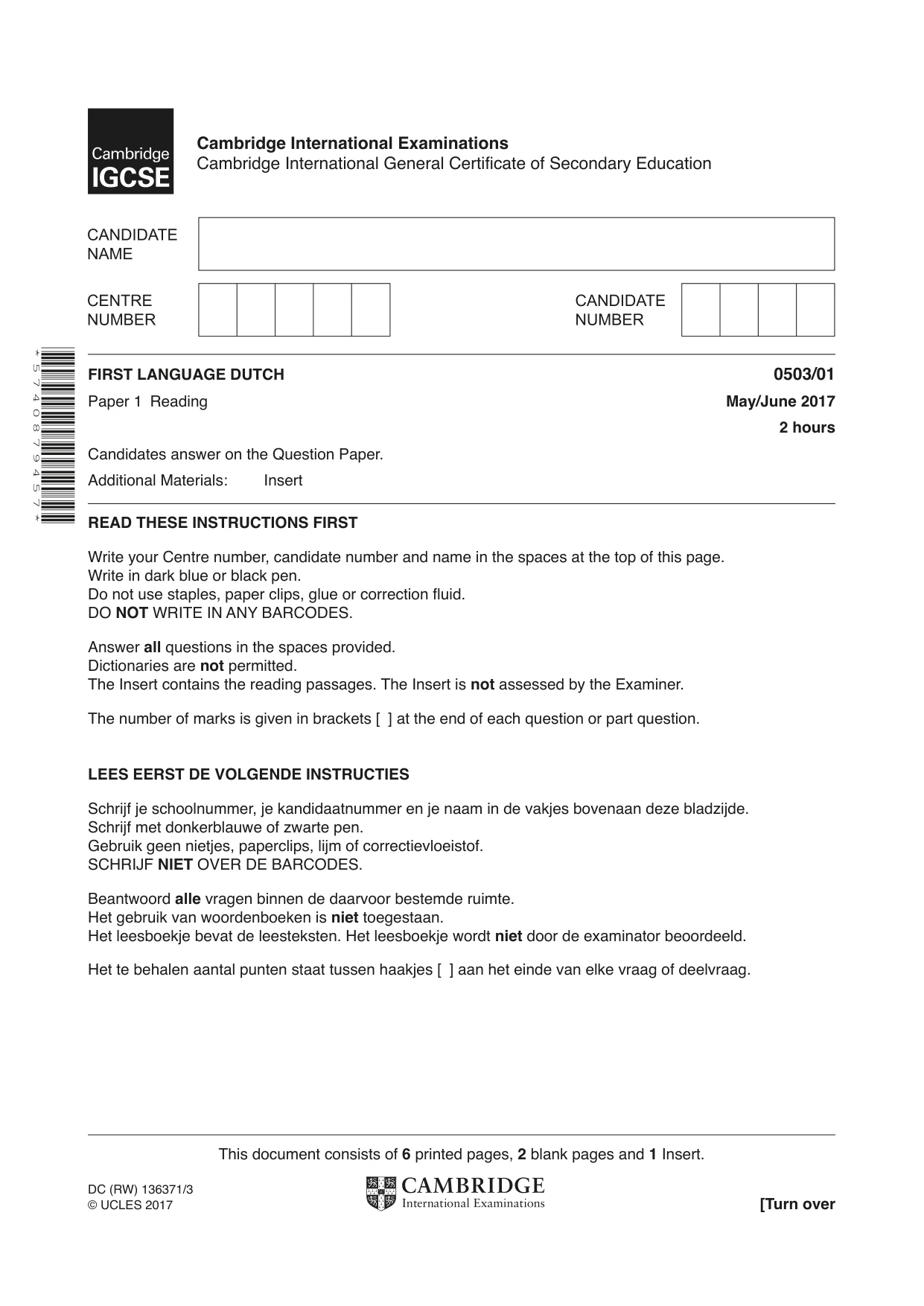 Cambridge IGCSE Dutch - First Language 0503 2017 May/June Paper 1 · Variant 1 question paper, page 1 of 8
