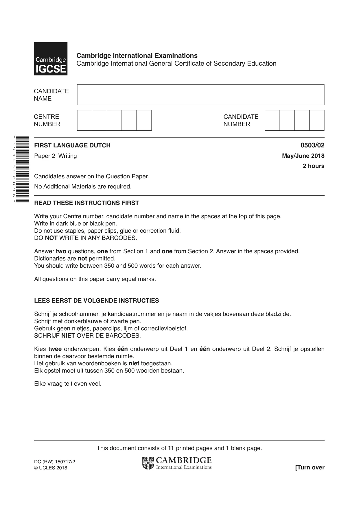 Cambridge IGCSE Dutch - First Language 0503 2018 May/June Paper 2 · Variant 0 question paper, page 1 of 12