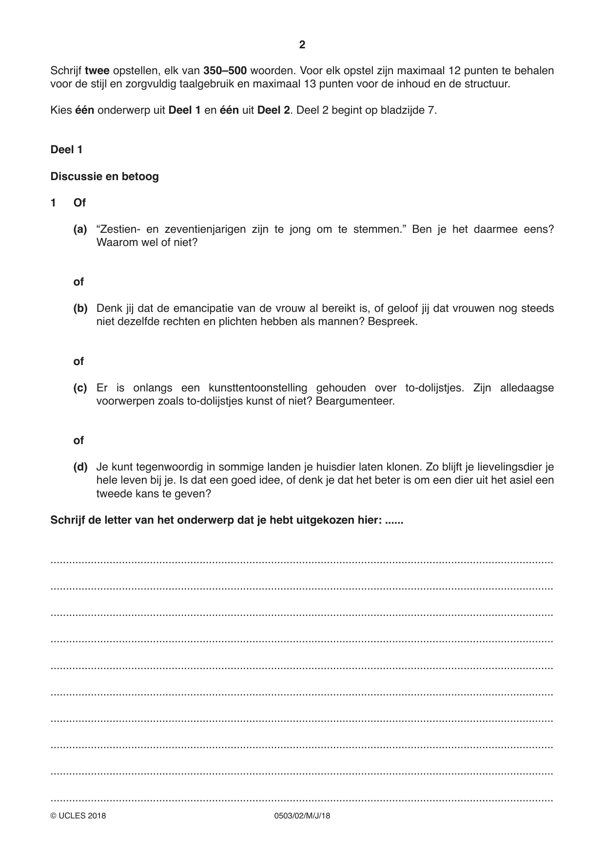 Cambridge IGCSE Dutch - First Language 0503 2018 May/June Paper 2 · Variant 0 question paper, page 2 of 12