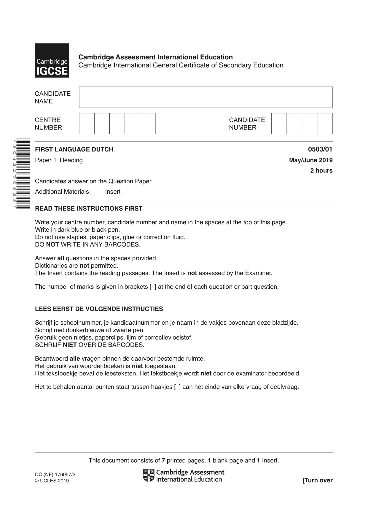 Cambridge IGCSE Dutch - First Language 0503 2019 May/June Paper 1 · Variant 1 question paper, page 1 of 8