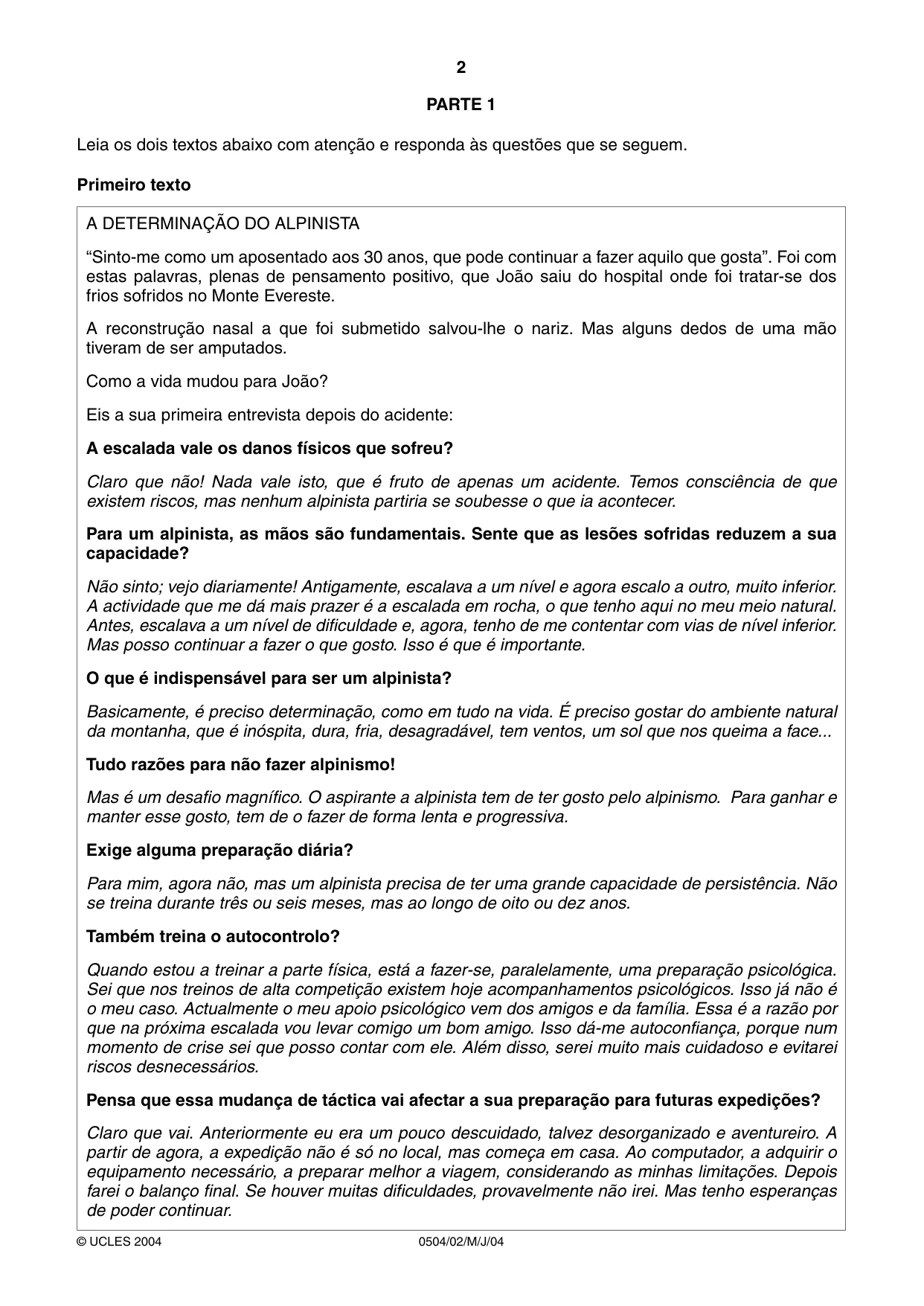Cambridge IGCSE Portuguese - First Language 0504 2004 May/June Paper 2 · Variant 1 question paper, page 2 of 4