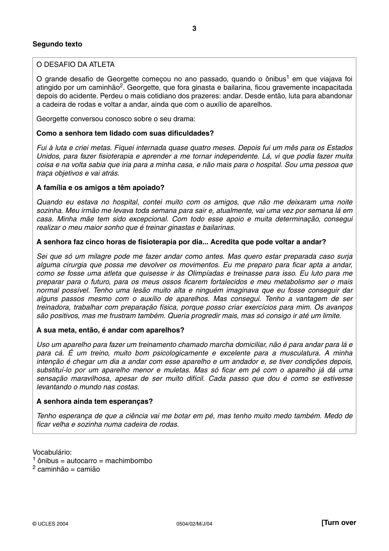 Cambridge IGCSE Portuguese - First Language 0504 2004 May/June Paper 2 · Variant 1 question paper, page 3 of 4