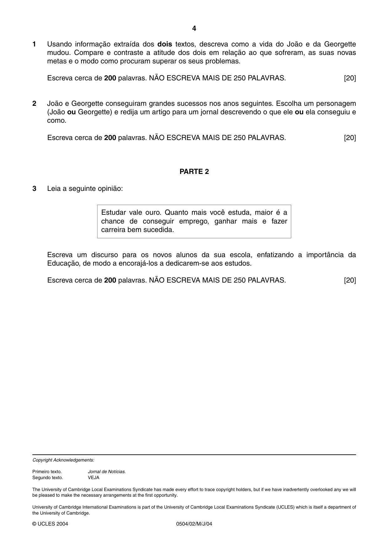 Cambridge IGCSE Portuguese - First Language 0504 2004 May/June Paper 2 · Variant 1 question paper, page 4 of 4