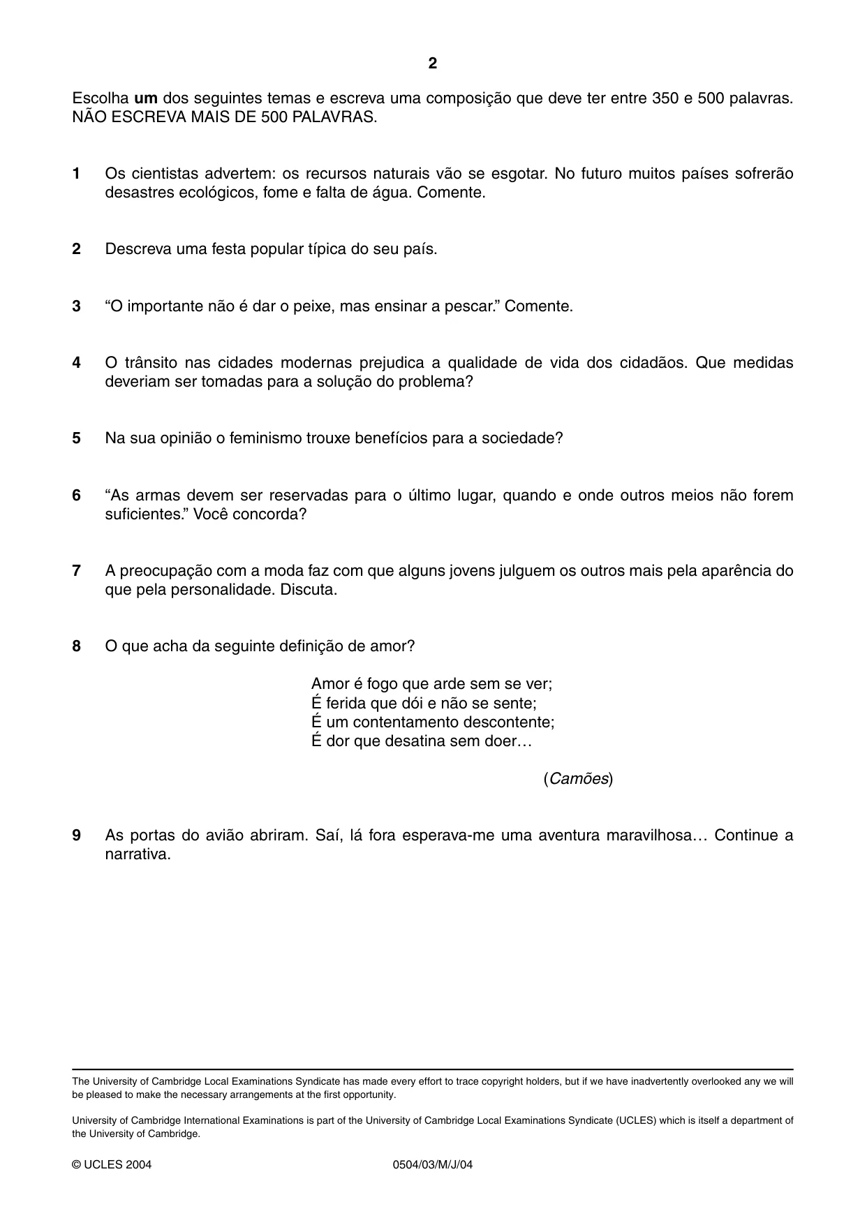 Cambridge IGCSE Portuguese - First Language 0504 2004 May/June Paper 3 · Variant 1 question paper, page 2 of 2