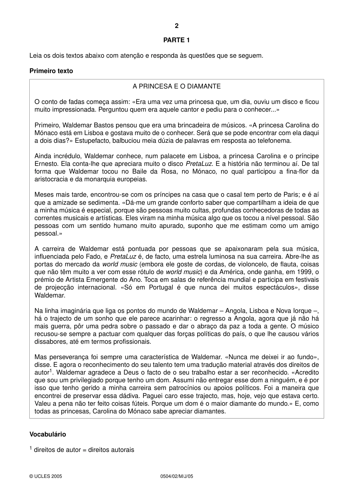 Cambridge IGCSE Portuguese - First Language 0504 2005 May/June Paper 2 · Variant 1 question paper, page 2 of 4