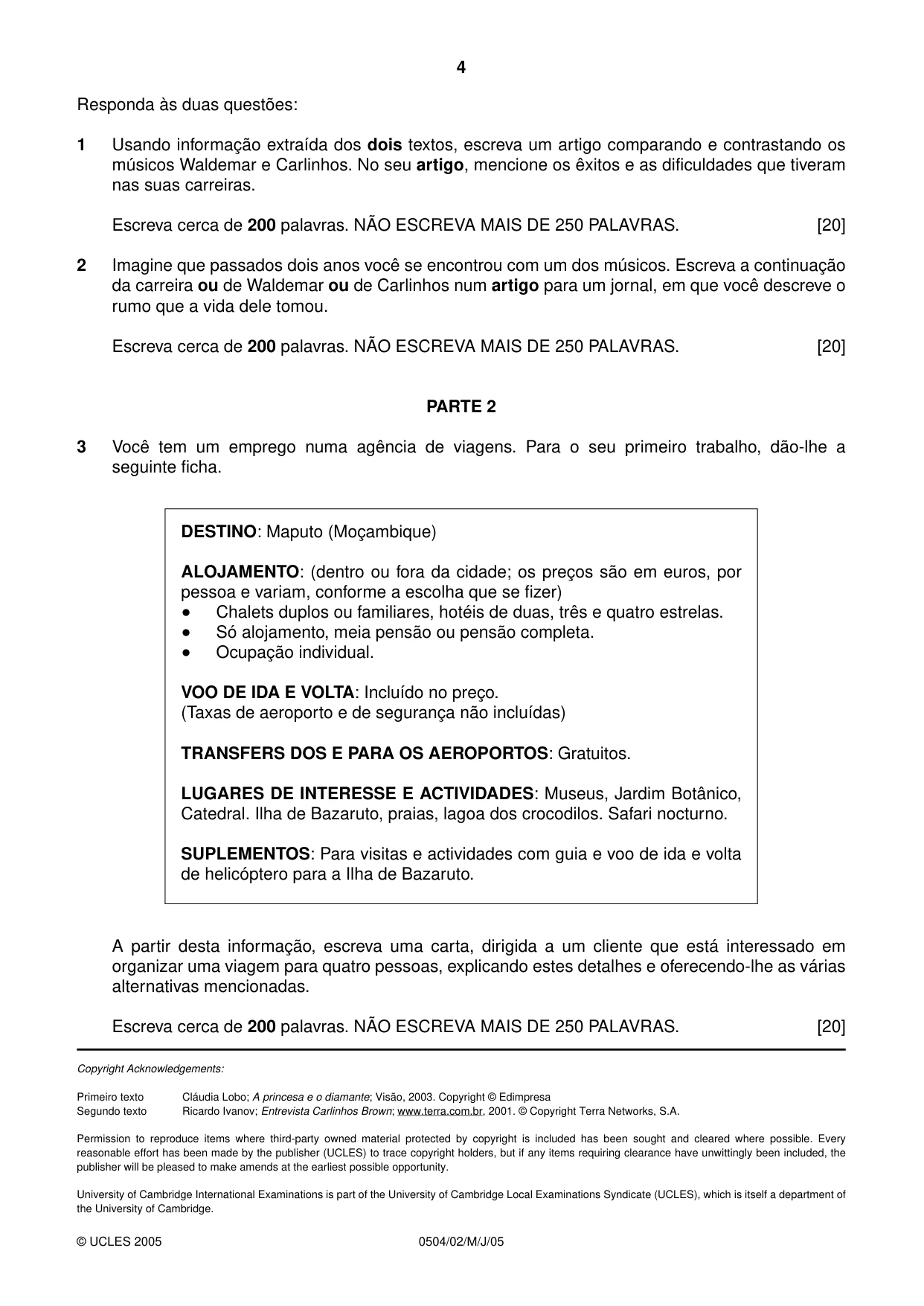 Cambridge IGCSE Portuguese - First Language 0504 2005 May/June Paper 2 · Variant 1 question paper, page 4 of 4