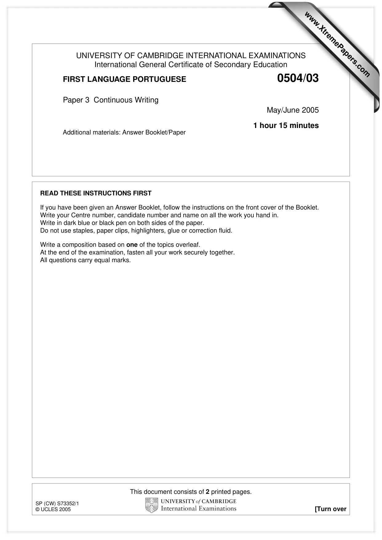 Cambridge IGCSE Portuguese - First Language 0504 2005 May/June Paper 3 · Variant 1 question paper, page 1 of 2
