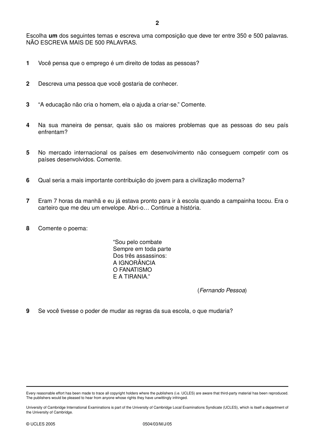 Cambridge IGCSE Portuguese - First Language 0504 2005 May/June Paper 3 · Variant 1 question paper, page 2 of 2