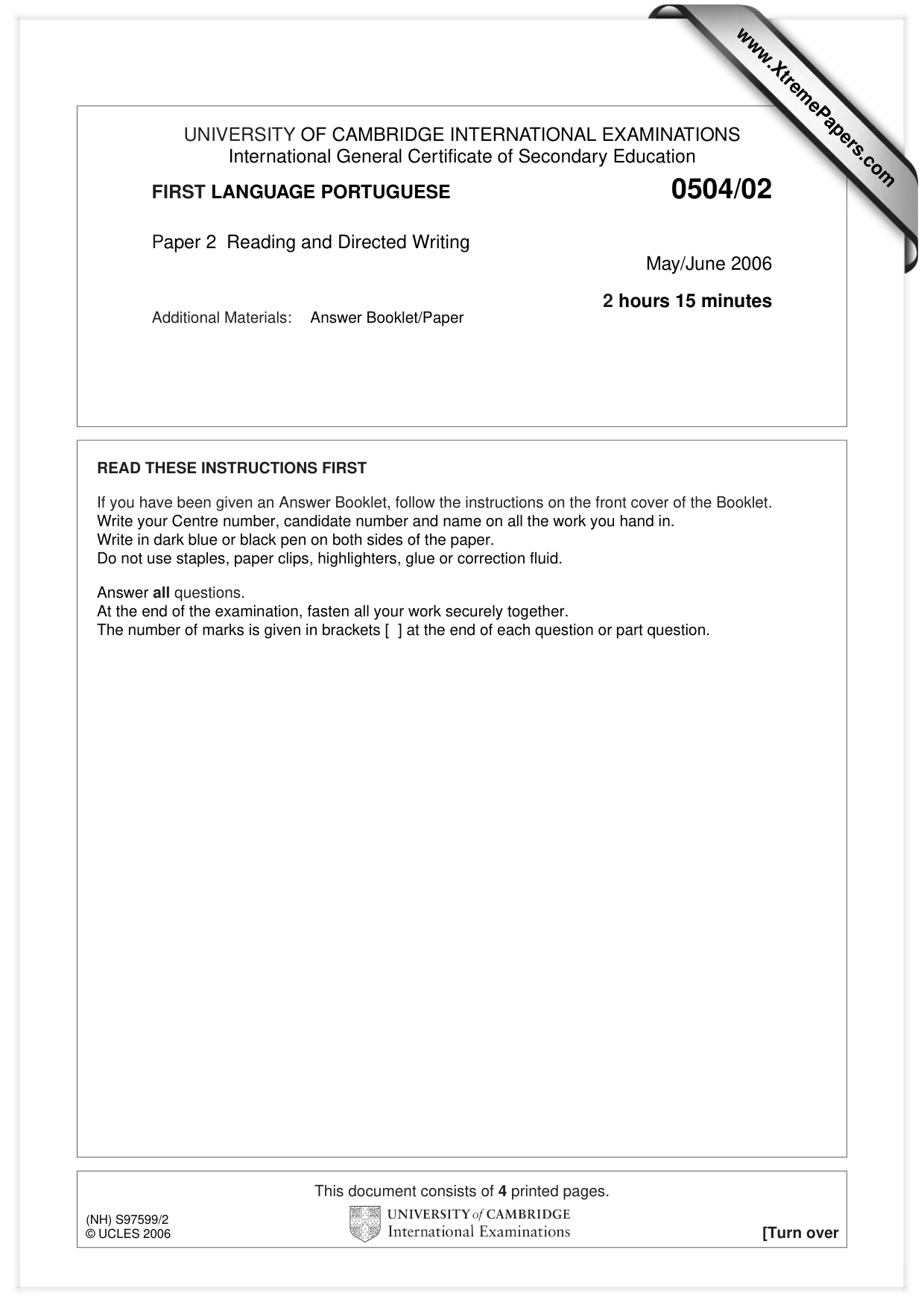 Cambridge IGCSE Portuguese - First Language 0504 2006 May/June Paper 2 · Variant 1 question paper, page 1 of 4