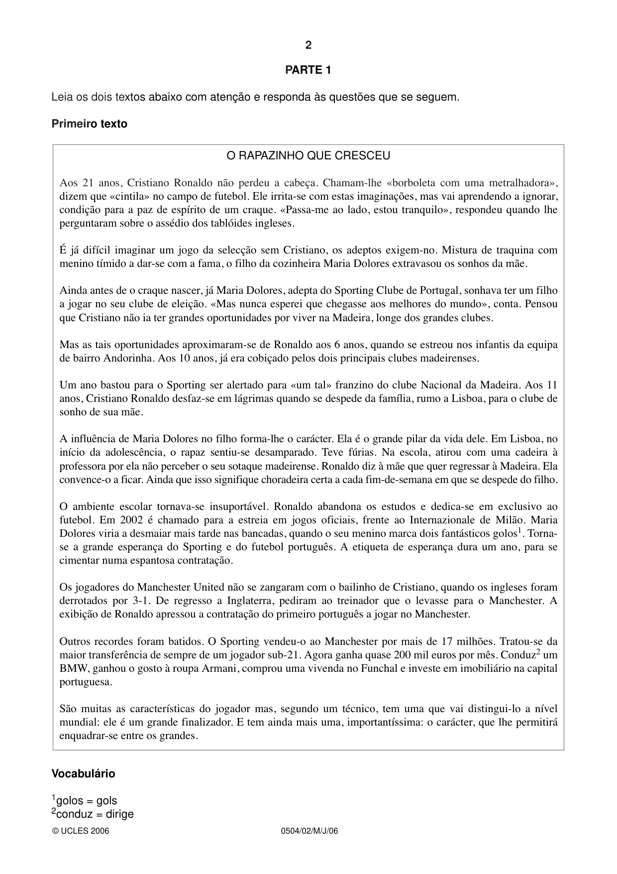 Cambridge IGCSE Portuguese - First Language 0504 2006 May/June Paper 2 · Variant 1 question paper, page 2 of 4