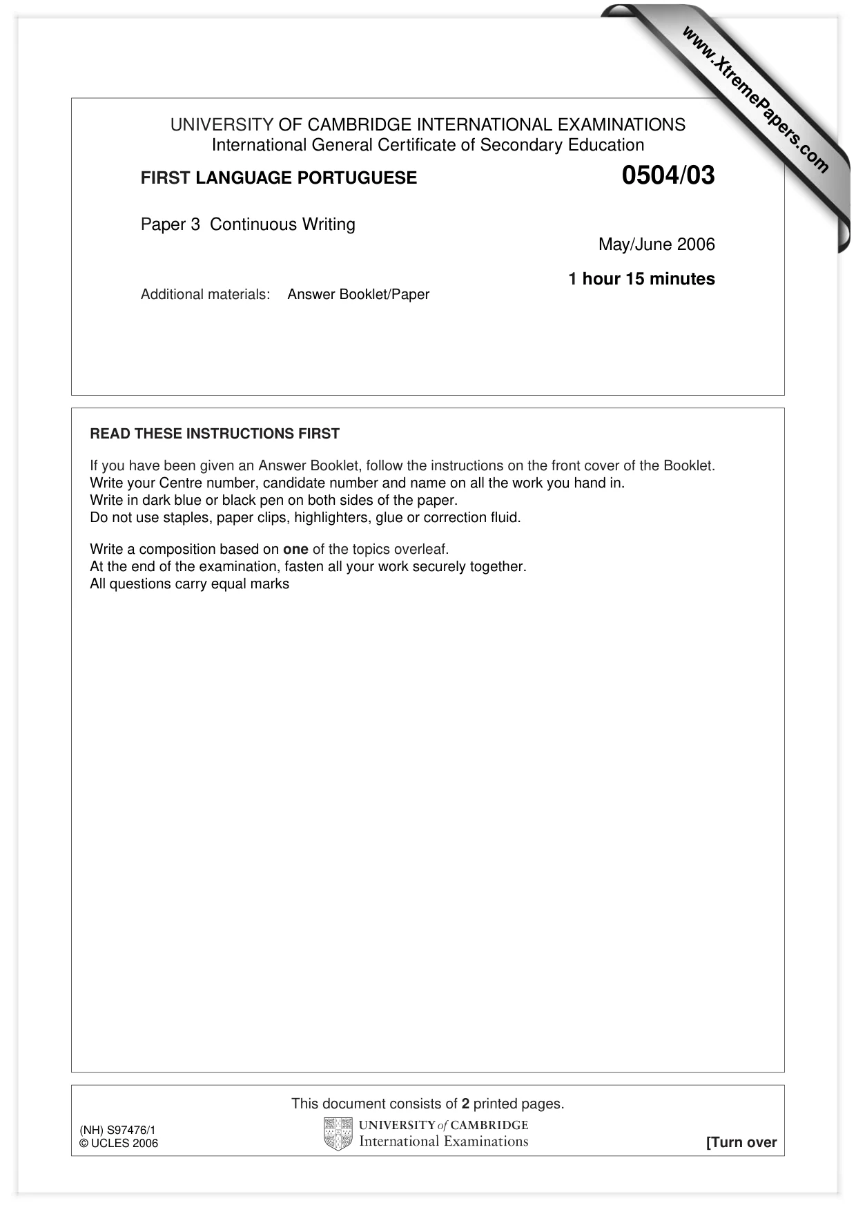 Cambridge IGCSE Portuguese - First Language 0504 2006 May/June Paper 3 · Variant 1 question paper, page 1 of 2