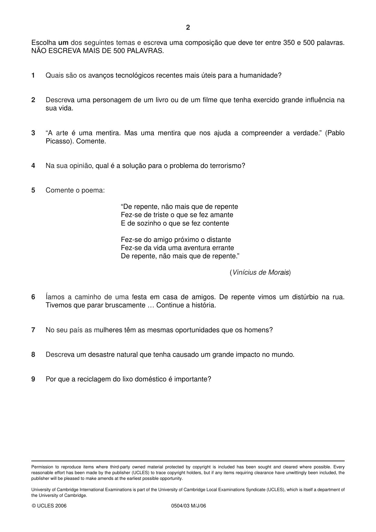 Cambridge IGCSE Portuguese - First Language 0504 2006 May/June Paper 3 · Variant 1 question paper, page 2 of 2