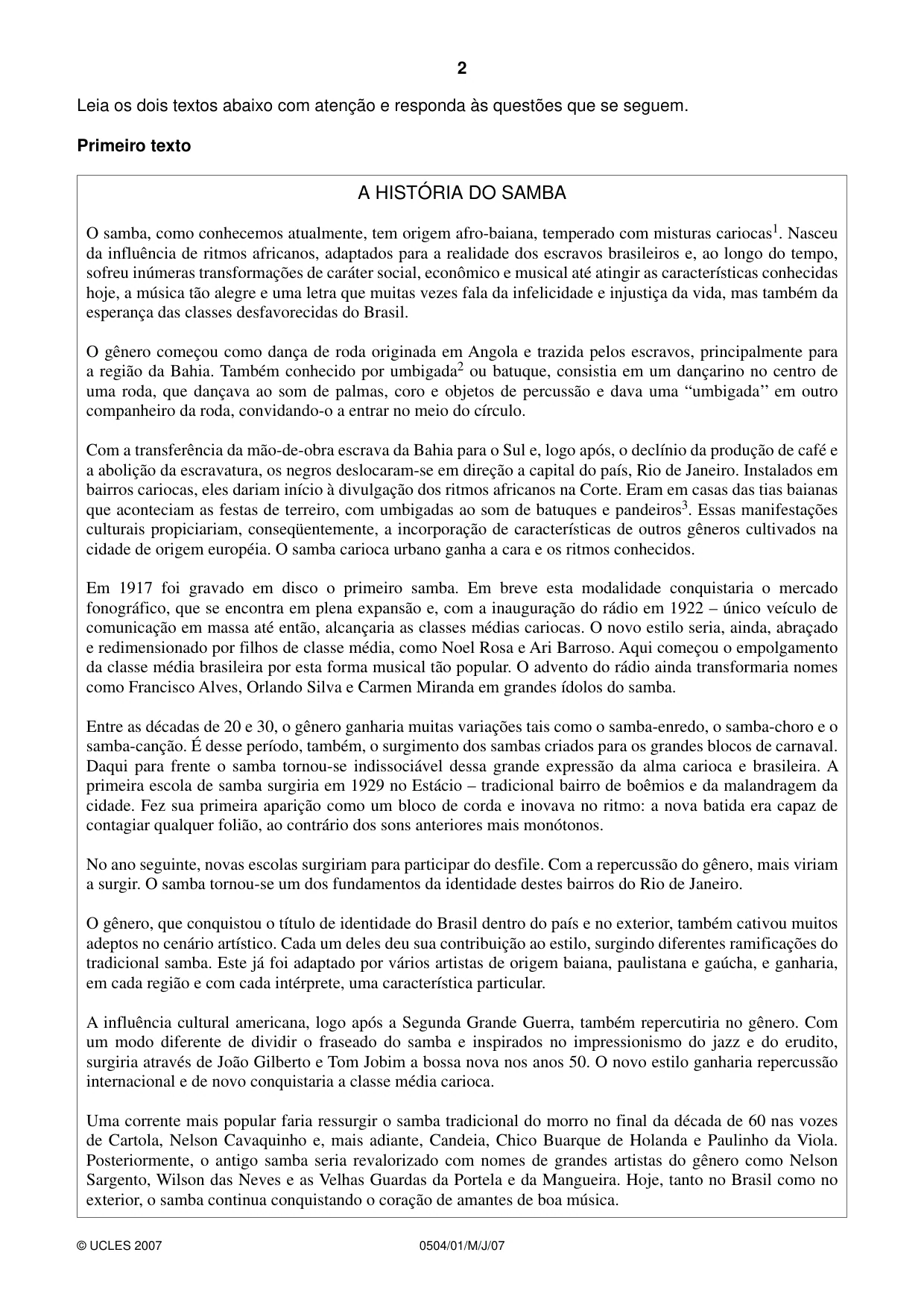 Cambridge IGCSE Portuguese - First Language 0504 2007 May/June Paper 1 · Variant 1 question paper, page 2 of 4