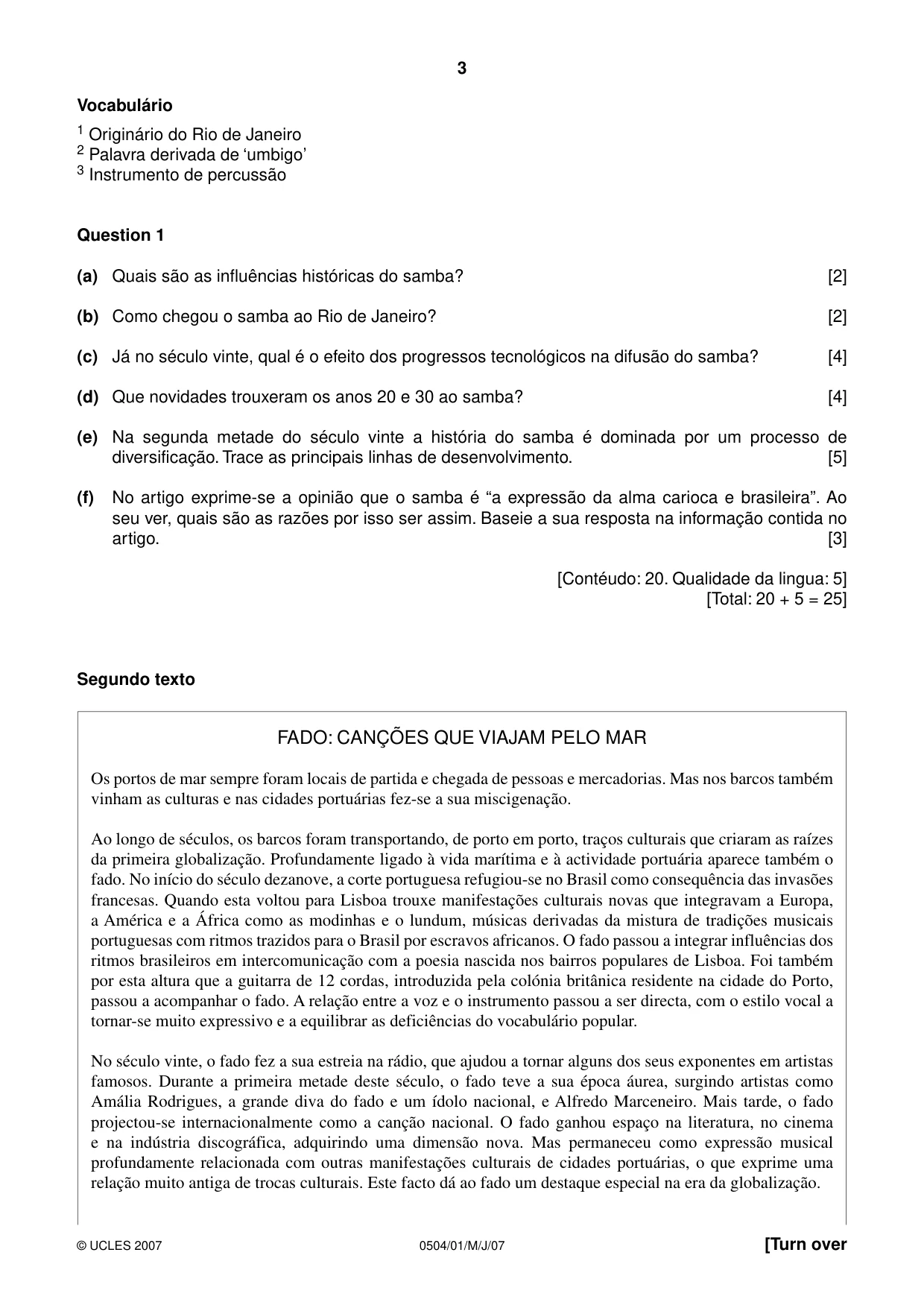 Cambridge IGCSE Portuguese - First Language 0504 2007 May/June Paper 1 · Variant 1 question paper, page 3 of 4
