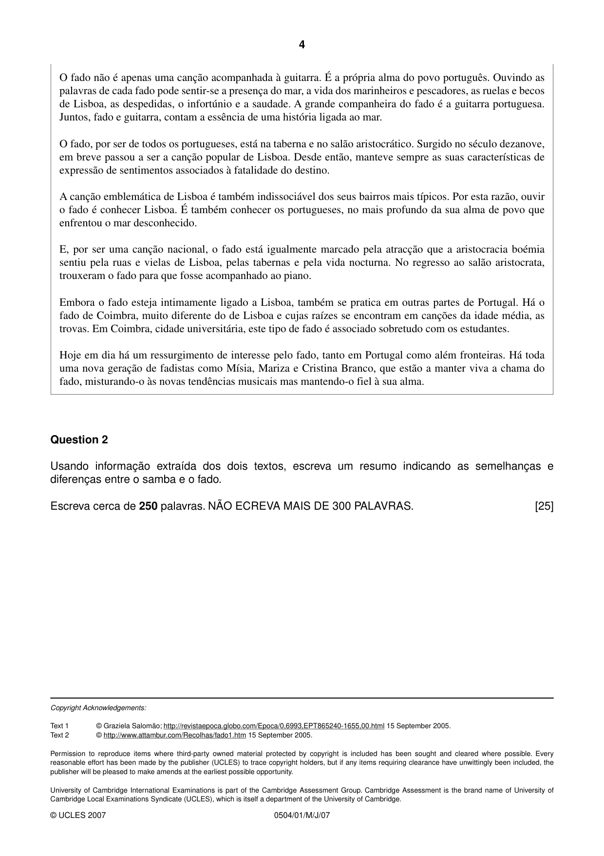 Cambridge IGCSE Portuguese - First Language 0504 2007 May/June Paper 1 · Variant 1 question paper, page 4 of 4