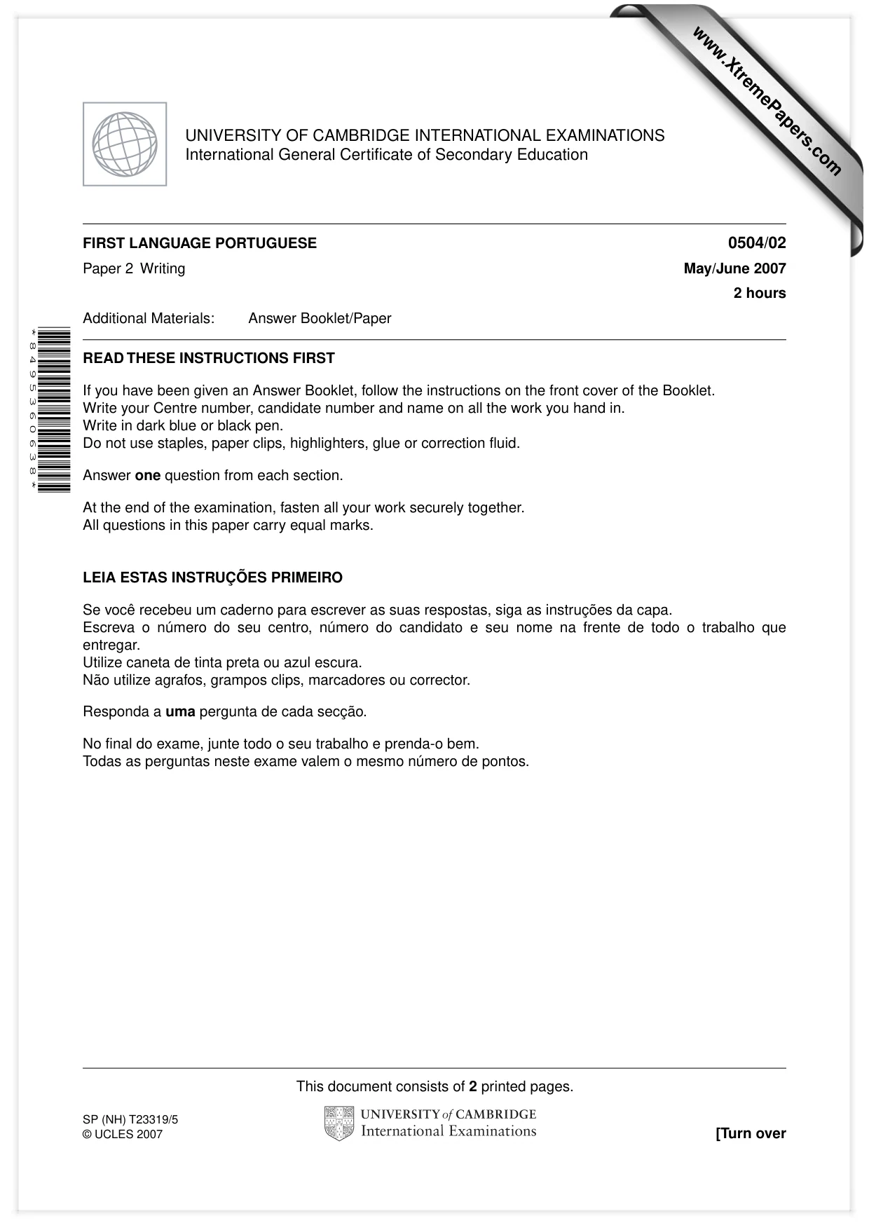 Cambridge IGCSE Portuguese - First Language 0504 2007 May/June Paper 2 · Variant 1 question paper, page 1 of 2