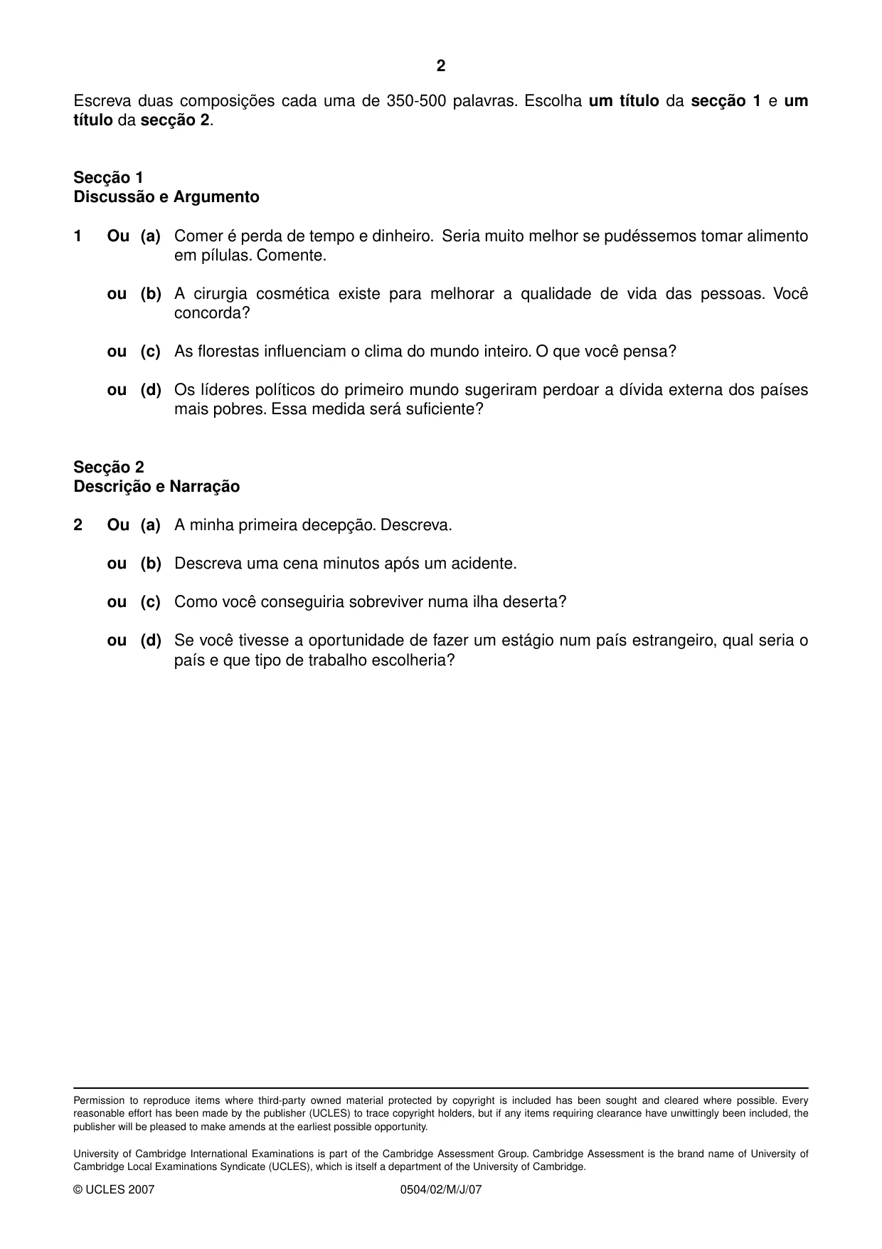 Cambridge IGCSE Portuguese - First Language 0504 2007 May/June Paper 2 · Variant 1 question paper, page 2 of 2