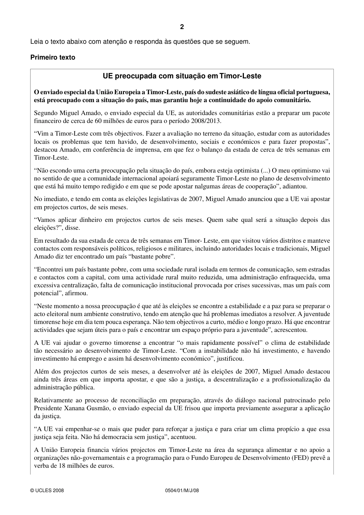 Cambridge IGCSE Portuguese - First Language 0504 2008 May/June Paper 1 · Variant 1 question paper, page 2 of 8