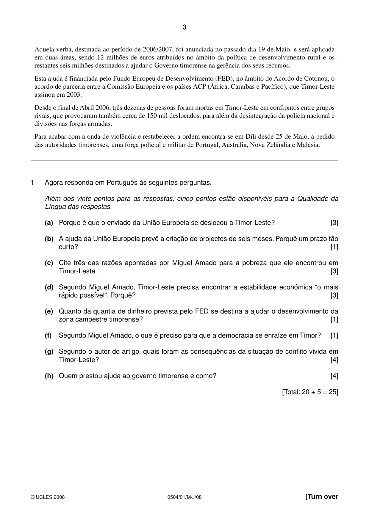 Cambridge IGCSE Portuguese - First Language 0504 2008 May/June Paper 1 · Variant 1 question paper, page 3 of 8