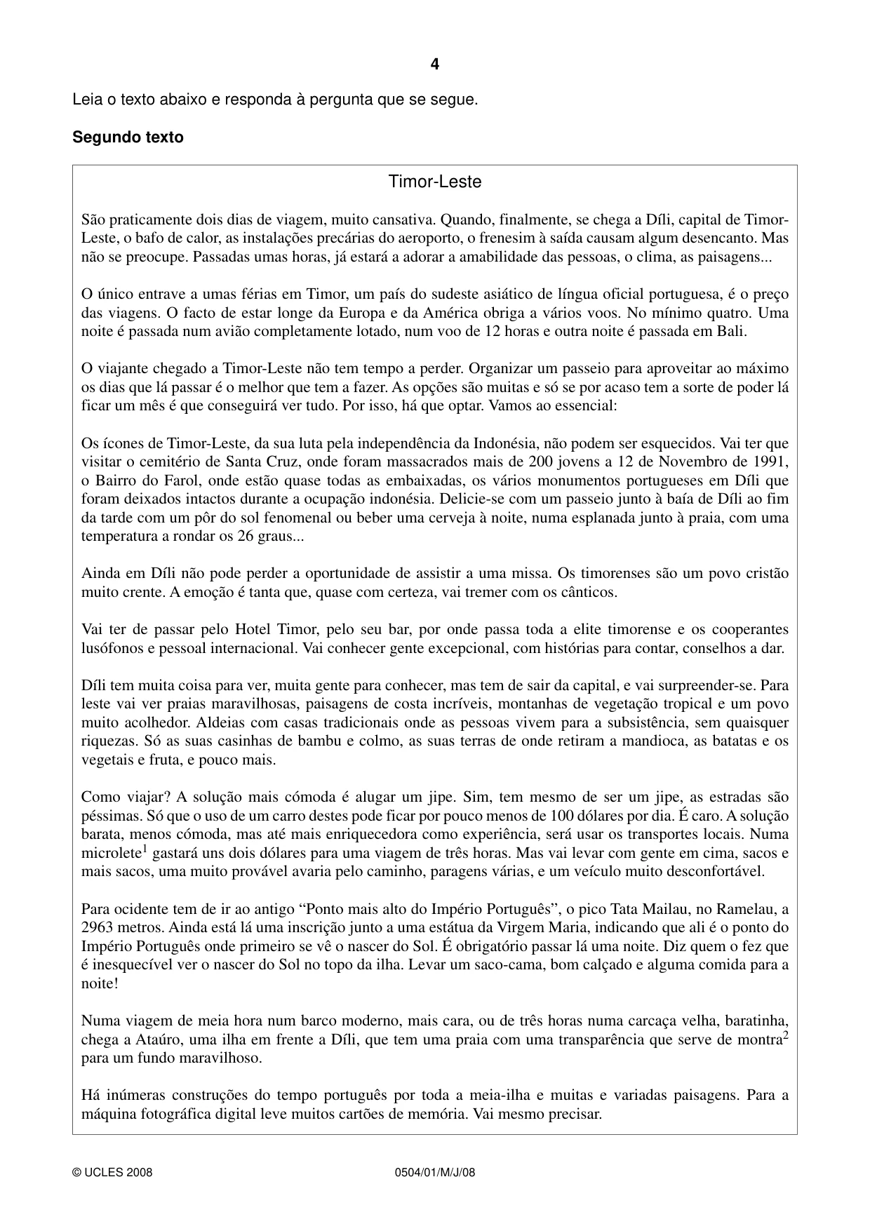 Cambridge IGCSE Portuguese - First Language 0504 2008 May/June Paper 1 · Variant 1 question paper, page 4 of 8