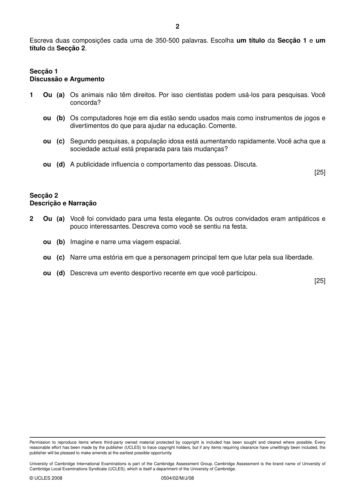 Cambridge IGCSE Portuguese - First Language 0504 2008 May/June Paper 2 · Variant 1 question paper, page 2 of 2