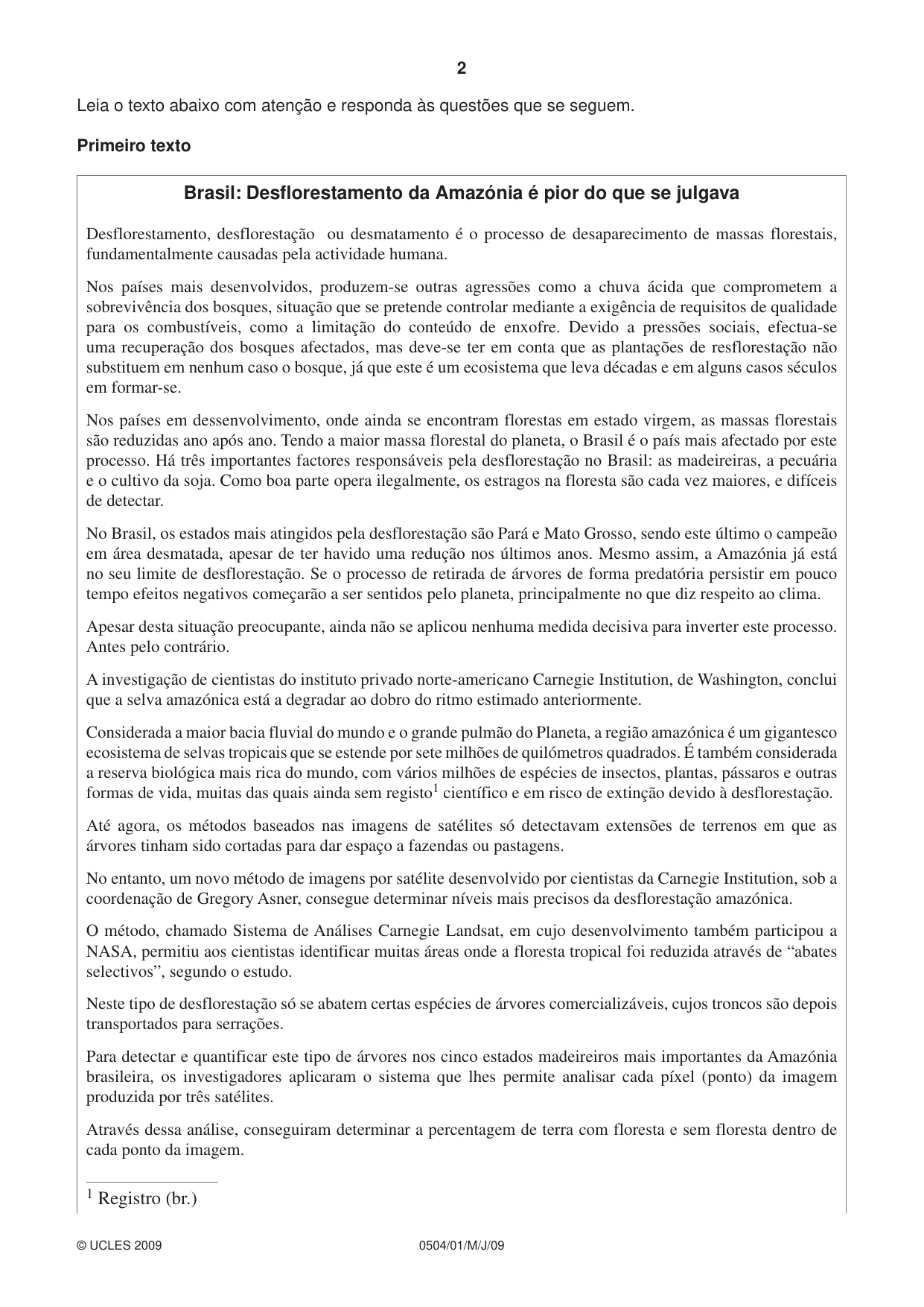 Cambridge IGCSE Portuguese - First Language 0504 2009 May/June Paper 1 · Variant 1 question paper, page 2 of 8