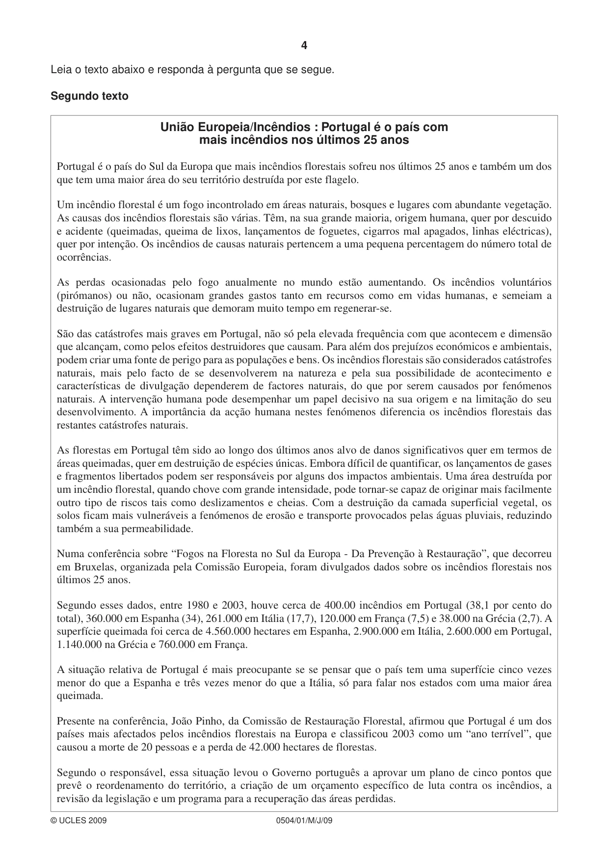 Cambridge IGCSE Portuguese - First Language 0504 2009 May/June Paper 1 · Variant 1 question paper, page 4 of 8