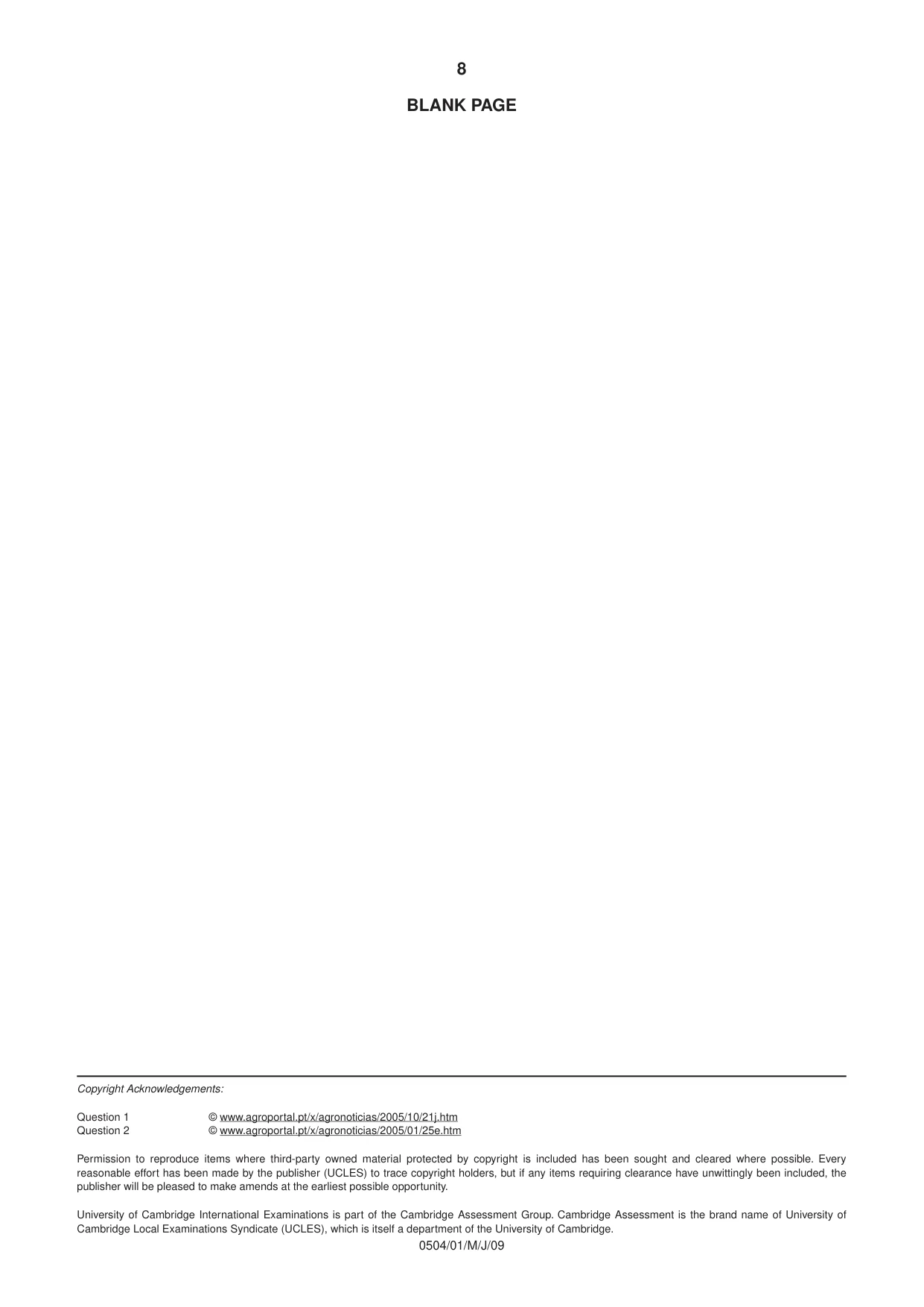 Cambridge IGCSE Portuguese - First Language 0504 2009 May/June Paper 1 · Variant 1 question paper, page 8 of 8
