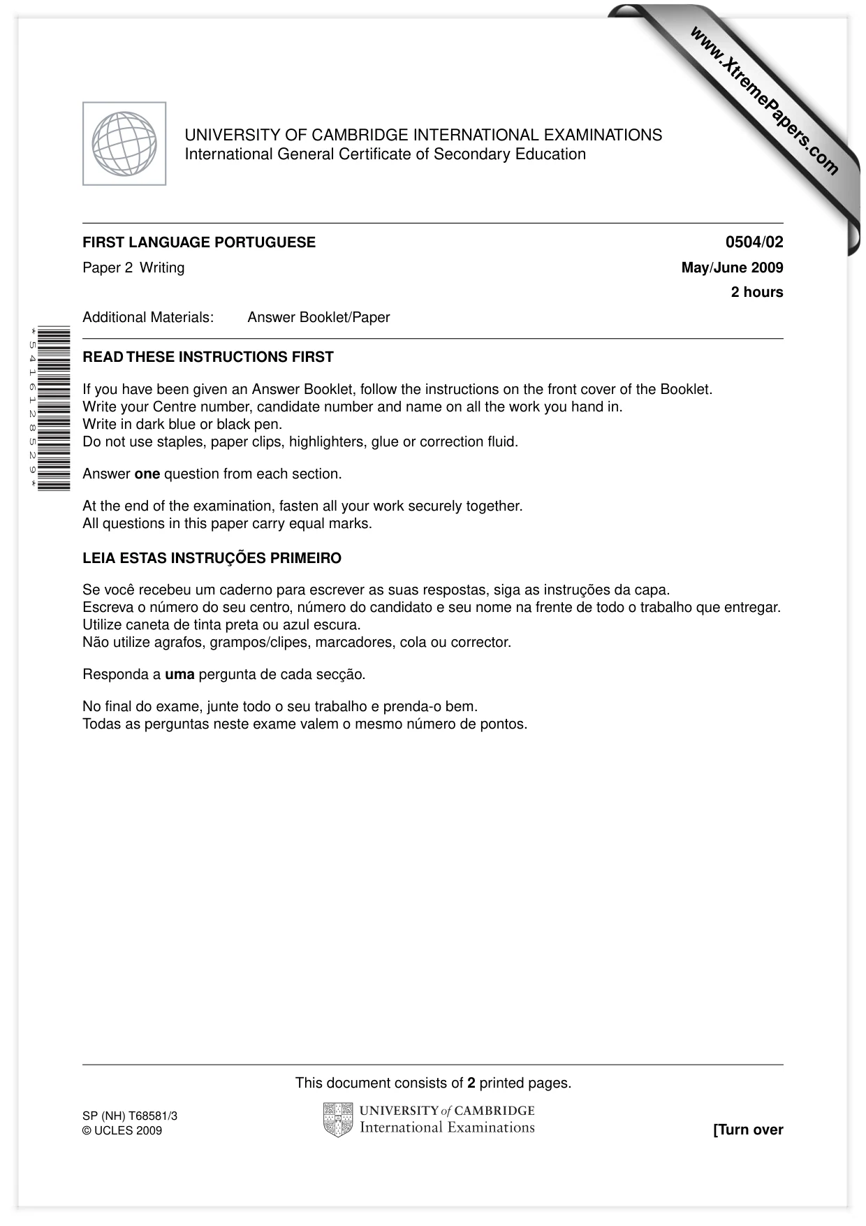 Cambridge IGCSE Portuguese - First Language 0504 2009 May/June Paper 2 · Variant 1 question paper, page 1 of 2