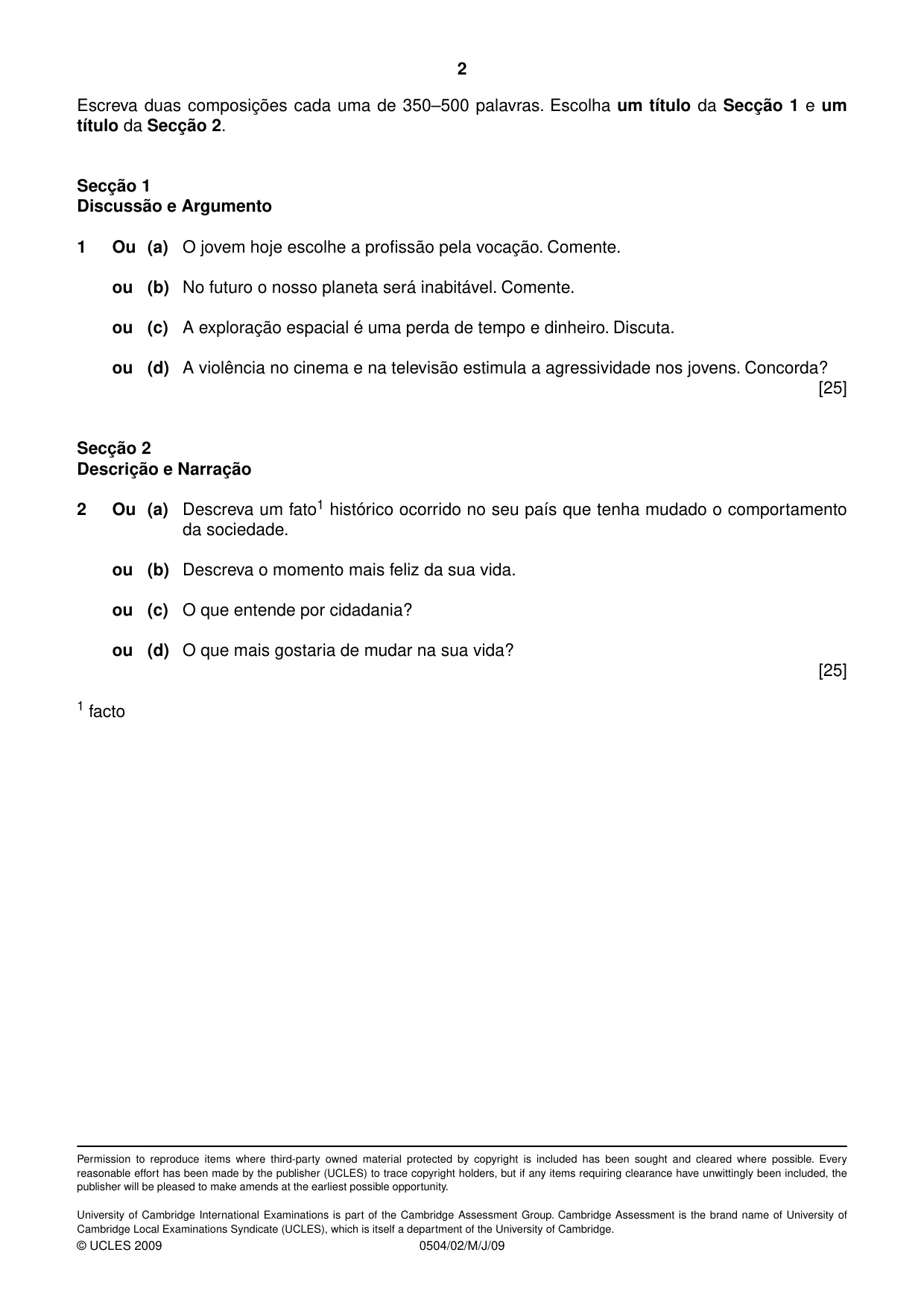 Cambridge IGCSE Portuguese - First Language 0504 2009 May/June Paper 2 · Variant 1 question paper, page 2 of 2