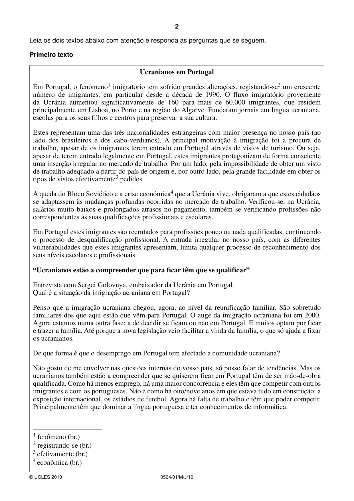 Cambridge IGCSE Portuguese - First Language 0504 2010 May/June Paper 1 · Variant 1 question paper, page 2 of 8