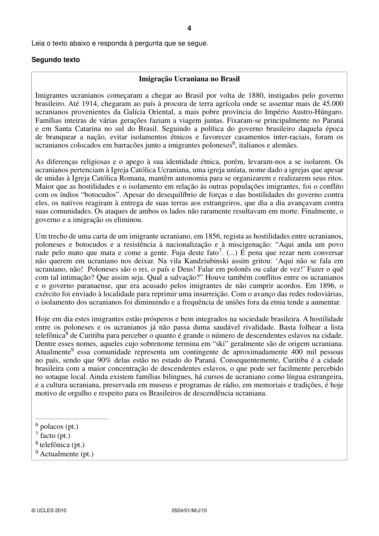Cambridge IGCSE Portuguese - First Language 0504 2010 May/June Paper 1 · Variant 1 question paper, page 4 of 8