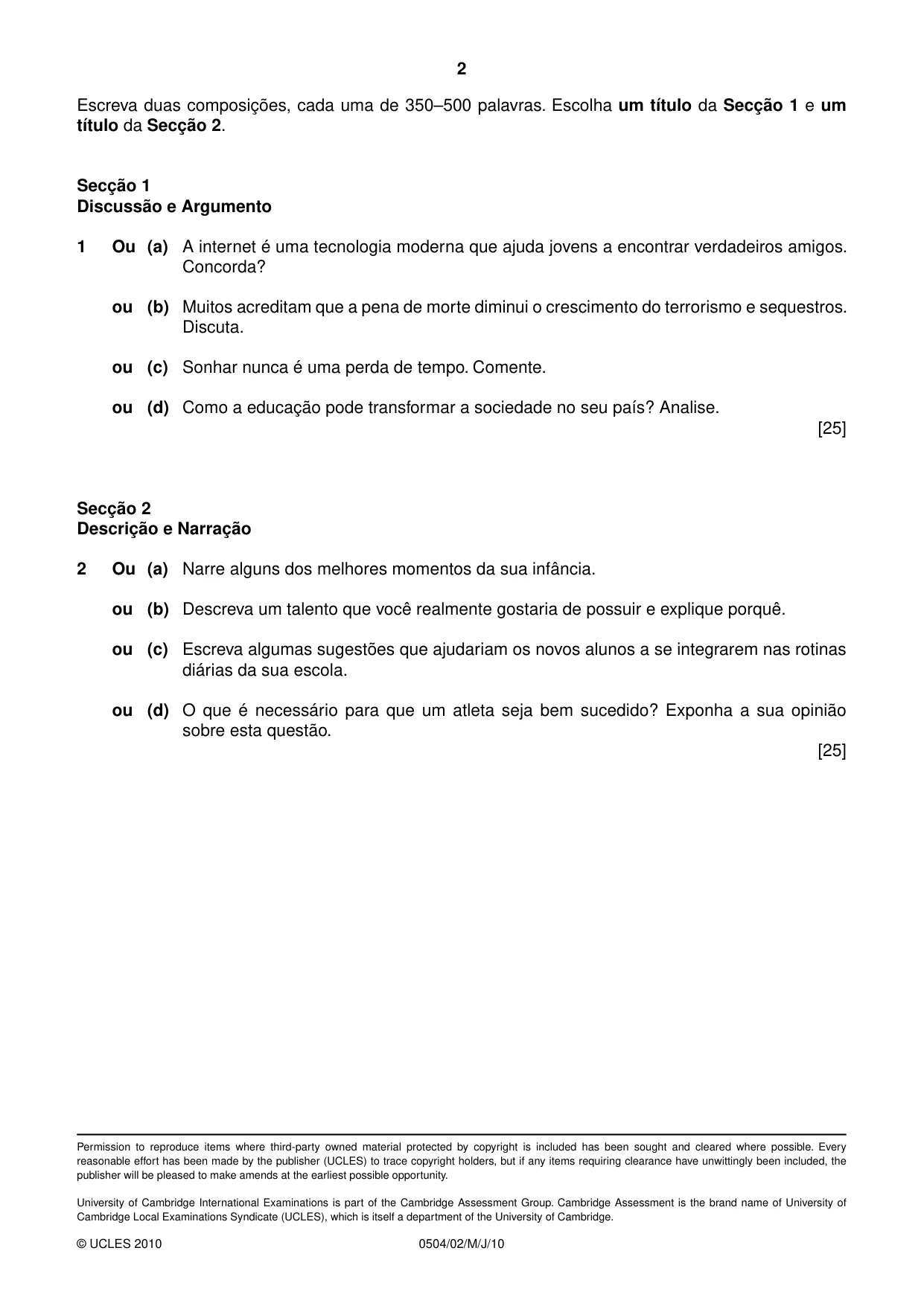 Cambridge IGCSE Portuguese - First Language 0504 2010 May/June Paper 2 · Variant 1 question paper, page 2 of 2