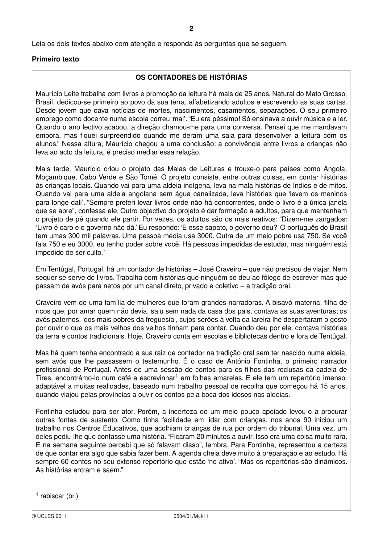 Cambridge IGCSE Portuguese - First Language 0504 2011 May/June Paper 1 · Variant 1 question paper, page 2 of 8