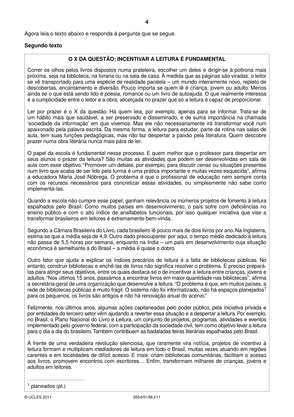Cambridge IGCSE Portuguese - First Language 0504 2011 May/June Paper 1 · Variant 1 question paper, page 4 of 8