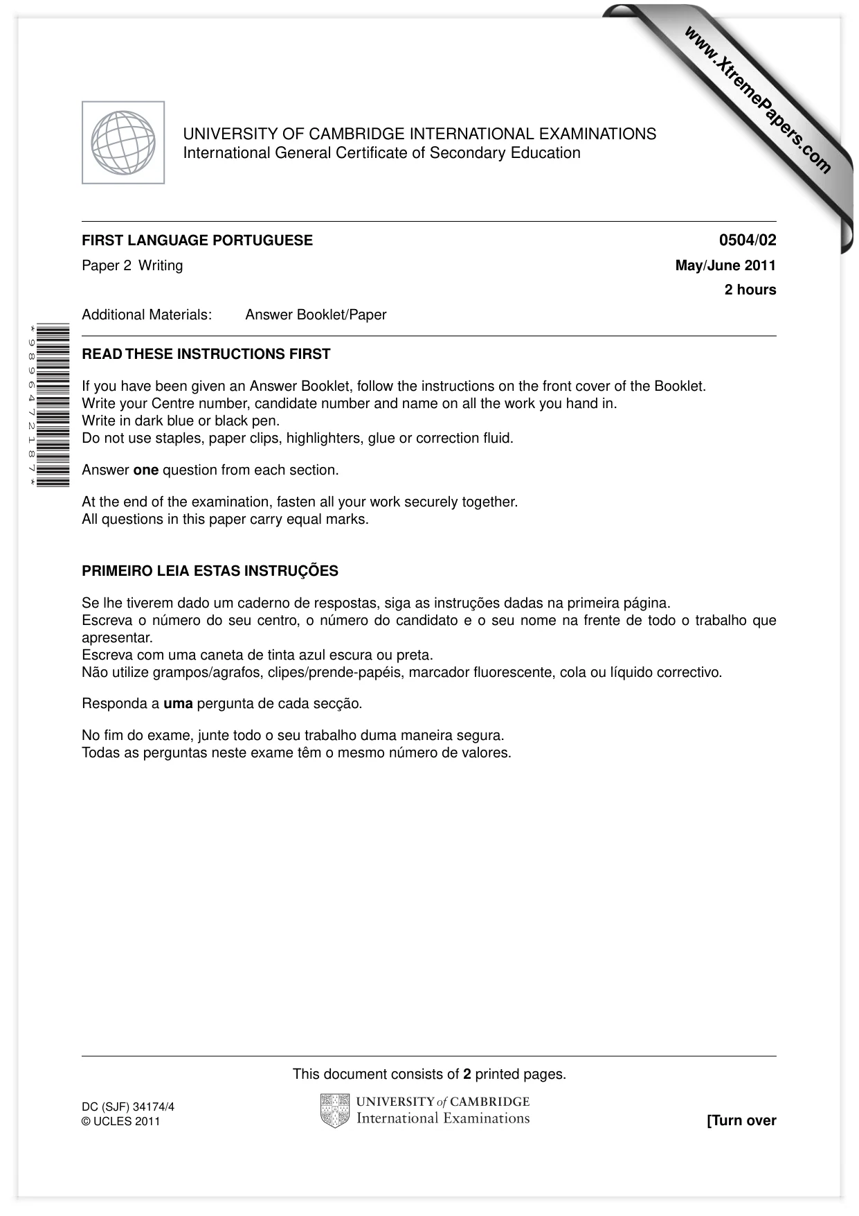 Cambridge IGCSE Portuguese - First Language 0504 2011 May/June Paper 2 · Variant 1 question paper, page 1 of 2