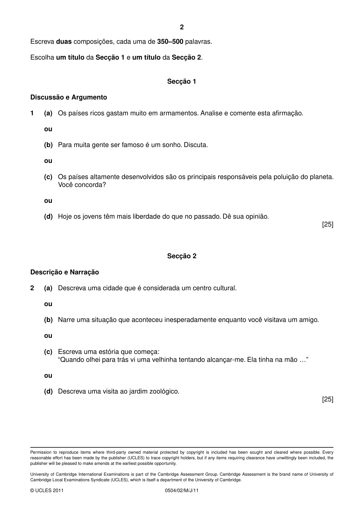 Cambridge IGCSE Portuguese - First Language 0504 2011 May/June Paper 2 · Variant 1 question paper, page 2 of 2