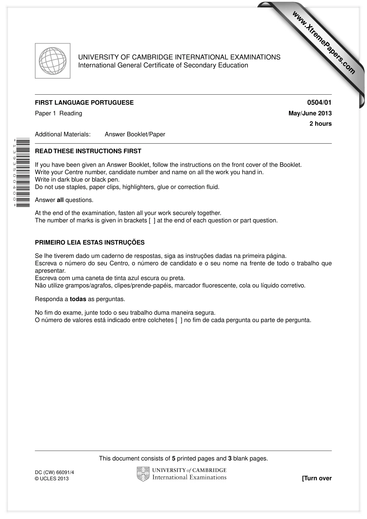 Cambridge IGCSE Portuguese - First Language 0504 2013 May/June Paper 1 · Variant 1 question paper, page 1 of 8