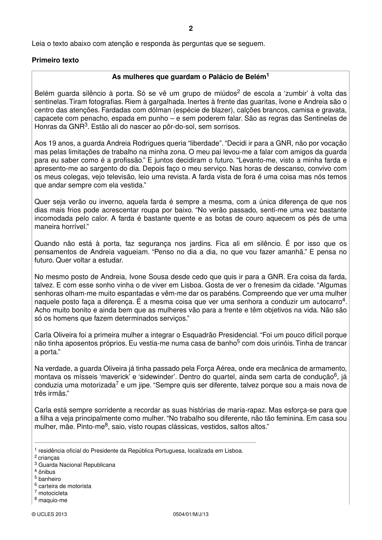 Cambridge IGCSE Portuguese - First Language 0504 2013 May/June Paper 1 · Variant 1 question paper, page 2 of 8